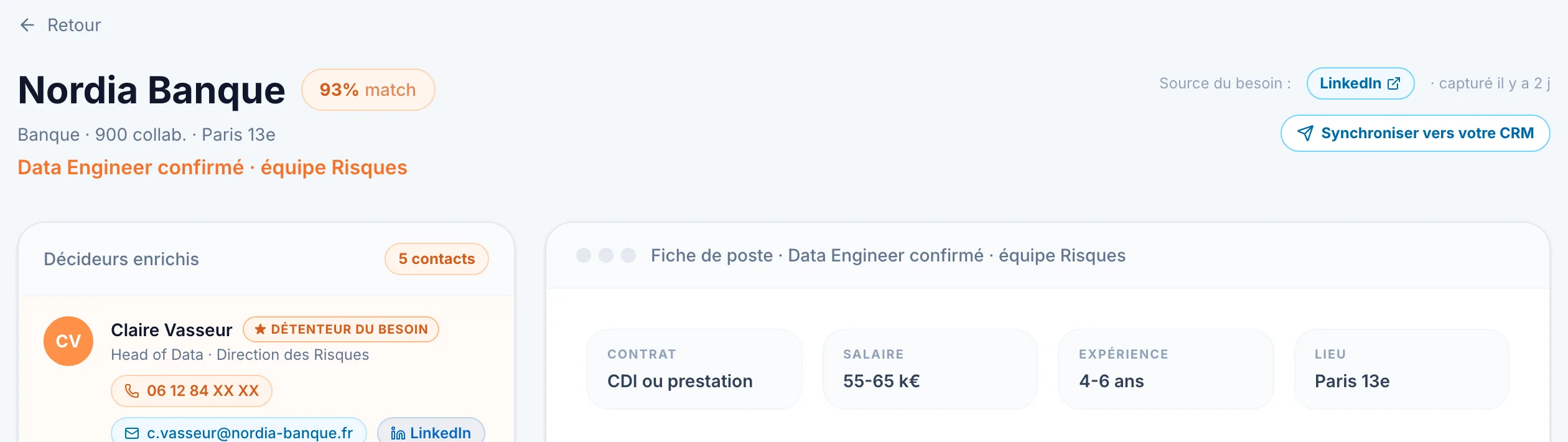 Espace client Omana, fiche d'un besoin : l'entreprise, le score de match, le poste, les décideurs enrichis avec mobile et email, et le bouton Synchroniser vers votre CRM